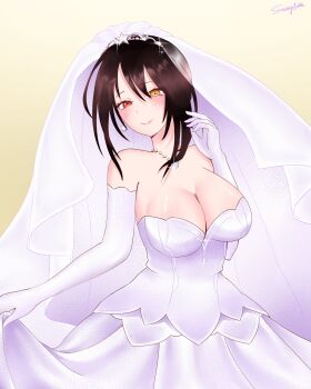 Rule 34 | 1girl, absurdres, artist name, bare shoulders, black hair, blush, breasts, bridal veil, cleavage, closed mouth, commentary, date a live, dress, earrings, elbow gloves, english commentary, gloves, heterochromia, highres, jewelry, large breasts, looking at viewer, medium hair, red eyes, smile, solo, tokisaki kurumi, veil, wedding dress, white dress, white gloves, yukifurekie