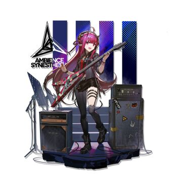 1girl :d ahoge amplifier arknights asymmetrical_legwear belt black_boots black_hat black_jacket black_pantyhose black_skirt black_thighhighs boots bracelet cable demon_girl demon_horns electric_guitar full_body guitar hat highres holding holding_instrument horns instrument jacket jewelry long_hair looking_at_viewer miniskirt mismatched_legwear necktie official_alternate_costume official_art open_clothes open_mouth pantyhose plectrum pointy_ears red_eyes red_hair red_necktie shirt single_leg_pantyhose single_thighhigh skirt smile socks solo speaker standing thigh_strap thighhighs transparent_background uneven_legwear very_long_hair vigna_(arknights) vigna_(black_wave)_(arknights) xiayehongming