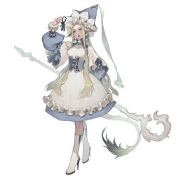 Rule 34 | 1girl, absurdres, animal, animal ears, bday 0127, blonde hair, blue dress, blue eyes, blue hat, boots, breasts, corset, crossed legs, dress, drooling, frilled dress, frilled hat, frilled sleeves, frills, full body, fur-tipped tail, grey dress, grey hat, hand up, hat, hat ribbon, head tilt, high heel boots, high heels, highres, holding, holding animal, hungry, layered dress, layered sleeves, lizard, long hair, long sleeves, looking at animal, open mouth, original, puffy long sleeves, puffy sleeves, ribbon, shepherd&#039;s crook, short over long sleeves, short sleeves, simple background, solo, standing, stiletto heels, tail, very long hair, white background, white dress, white footwear, wide sleeves, witch, wizard hat