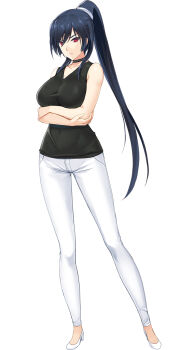 Rule 34 | 1girl, black hair, black shirt, breasts, choker, choukou (alicesoft), choukou sennin haruka, choukou taisen escalation heroines, crossed arms, high heels, highres, large breasts, looking at viewer, official art, onigirikun, pants, ponytail, red eyes, shirt, sleeveless, sleeveless shirt, subaru (choukou sennin haruka), tachi-e, white pants