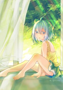 Rule 34 | 1girl, absurdres, alternate costume, blue bow, blue eyes, blue hair, bow, cirno, curtains, hair bow, highres, light rays, lysosomes (lys9s9mes), miniskirt, short hair, sitting, skirt, solo, tank top, touhou, tree, twitter username, yellow tank top