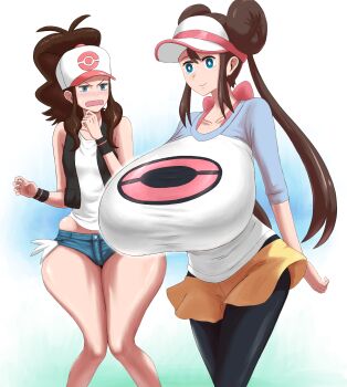 2girls absurdres bare_shoulders baseball_cap black_pantyhose black_vest blue_background blue_eyes blush breast_envy breasts brown_hair closed_mouth cowboy_shot denim denim_shorts gradient_background hat highres hilda_(pokemon) huge_breasts long_hair matsumaruyama multiple_girls nintendo open_mouth pantyhose pantyhose_under_shorts pokemon pokemon_bw pokemon_bw2 rosa_(pokemon) short_shorts shorts sleeveless standing tank_top thick_thighs thighs twintails two-tone_shirt vest visor_cap wavy_mouth white_background white_tank_top wide_hips wristband yellow_shorts