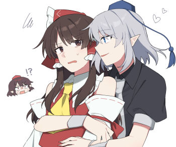 !? 3girls alternate_color ascot black_shirt blue_eyes blue_hat bow brown_hair collared_shirt commentary_request detached_sleeves dual_persona frilled_bow frilled_hair_tubes frills grey_hair grey_necktie hair_bow hair_tubes hakurei_reimu hat head_only heart hug hug_from_behind long_hair multiple_girls necktie open_mouth palette_swap player_2 pointy_ears puffy_short_sleeves puffy_sleeves red_bow red_eyes red_hat ribbon-trimmed_sleeves ribbon_trim sakic43899 shameimaru_aya shirt short_sleeves smile squiggle sweat sweatdrop tokin_hat touhou white_sleeves wrist_cuffs yuri