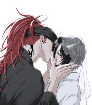 Rule 34 | 1boy, 1girl, abarai renji, amugonagurim, black hair, black headband, black kimono, bleach, blush, bridal veil, closed eyes, couple, hair between eyes, hands on another's cheeks, hands on another's face, hashtag-only commentary, headband, hetero, highres, husband and wife, japanese clothes, kimono, kiss, kuchiki rukia, long hair, neck tattoo, ponytail, red hair, short hair, sideburns, tattoo, upper body, veil, white background, white kimono, white veil