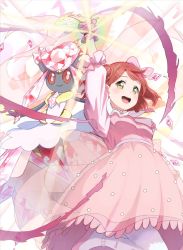 arm_up back_bow bow breasts commentary_request cowboy_shot creature crossover diancie dream_with_you_(love_live!) dress eyebrows gem gen_6_pokemon hair_bow hair_bun hair_ornament hairclip highres jewelry leg_up legendary_pokemon light_rays long_sleeves looking_at_viewer love_live! love_live!_nijigasaki_high_school_idol_club medium_breasts medium_hair mythical_pokemon necklace nintendo orange-pengin orange_hair pantyhose pearl_necklace pink_bow pink_dress pink_shoes pokemon pokemon_(creature) pokemon_xy see-through_clothes shoes single_hair_bun uehara_ayumu white_legwear wrist_cuffs yellow_eyes