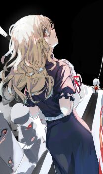 1girl black_background blonde_hair collared_shirt frilled_shirt frills from_behind gap_(touhou) hat hat_ribbon highres holding holding_unworn_clothes holding_unworn_hat long_hair long_skirt looking_at_viewer looking_back maribel_hearn mob_cap muraryo open_mouth puffy_short_sleeves puffy_sleeves purple_shirt purple_skirt red_ribbon ribbon shirt short_sleeves skirt solo taboo_japan_disentanglement touhou unworn_hat unworn_headwear white_hat yellow_eyes