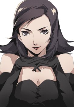 1girl alternate_costume amano_maya bare_shoulders black_dress black_gloves black_hair breasts cleavage closed_mouth dress elbow_gloves gloves highres lipstick looking_at_viewer makeup medium_breasts own_hands_together persona persona_2 pertex_777 purple_eyes red_lips short_hair smile solo white_background