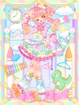&gt;_o 1girl absurdres bandaid bandaid_on_knee bandaid_on_leg clock colored_pencil commentary_request dinosaur dress full_body hand_on_own_hip hand_up heisei_retro highres hiyoko_miya instrument leg_warmers looking_at_viewer multicolored_dress one_eye_closed open_mouth original paper_airplane pencil pink_hair puffy_short_sleeves puffy_sleeves short_dress short_sleeves smile standing toy twintails wrist_cuffs xylophone yume_kawaii