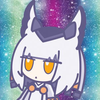 1girl ajisiwo animal_ears animated animated_gif arknights bird_girl feather_hair galaxy_background goggles goggles_around_neck long_hair open_mouth orange_eyes owl_ears owl_girl pointy_hair ptilopsis_(arknights) solo white_hair