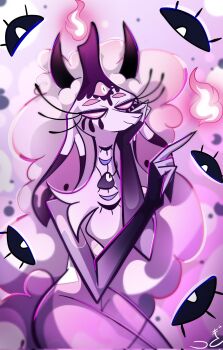 1girl arm_support belphegor_(helluva_boss) commentary demon_girl dress english_commentary extra_eyes floppy_ears furry furry_female hellaverse helluva_boss highres magicalma21 pink_dress pink_eyes sheep_girl sitting solo white_hair