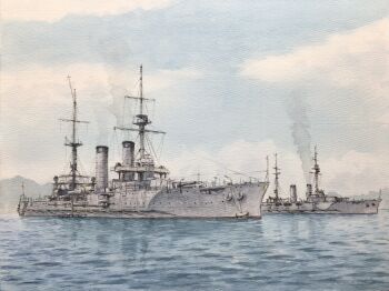 Rule 34 | anchor, atelier bono, battlecruiser, cloud, cloudy sky, commentary request, highres, ikoma (battlecruiser), imperial japanese navy, mast, military vehicle, no humans, ocean, original, painting (medium), ship, ship turret, sky, smoke, smokestack, traditional media, warship, watercolor (medium), watercraft