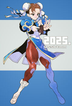 Rule 34 | 1girl, 2025, blue dress, boots, bracelet, brown eyes, brown hair, brown pantyhose, bun cover, capcom, china dress, chinese clothes, chun-li, double bun, dress, earrings, eyeliner, full body, hair bun, jewelry, knee boots, makeup, pantyhose, pearl earrings, puffy short sleeves, puffy sleeves, red eyeliner, sasaki tomomi, sash, short sleeves, solo, spiked bracelet, spikes, standing, street fighter, street fighter ii (series), thighs, twitter username, w, white boots, white sash