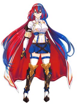 1girl absurdres blue_eyes blue_gloves blue_hair blue_skirt boots breasts cape closed_mouth crossed_bangs female_alear_(fire_emblem) fire_emblem fire_emblem_engage full_body garter_straps gloves hair_between_eyes heterochromia highres long_hair long_sleeves looking_at_viewer medium_breasts multicolored_hair nintendo puffy_sleeves red_cape red_eyes red_hair shirt sierra117renner simple_background skirt smile solo split-color_hair thighhighs tiara two-tone_hair very_long_hair white_background white_cape white_shirt white_thighhighs