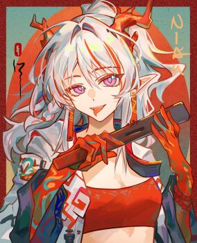 1girl arknights bandeau bead_bracelet beads bracelet breasts character_name chuichuihuahewu colored_extremities commentary dragon_girl dragon_horns earrings fangs highres horns jacket jewelry looking_at_viewer multicolored_hair nian_(arknights) pointy_ears red_bandeau red_hair red_hands red_tube_top small_breasts solo strapless streaked_hair symbol-only_commentary tassel tassel_earrings tongue tongue_out tube_top upper_body white_hair white_jacket