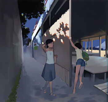 2girls absurdres black_eyes black_hair blue_skirt day full_body hat highres long_hair low_detail multiple_girls muted_color sandals shade shirt short_hair skirt sky smile takamichi tree white_shirt