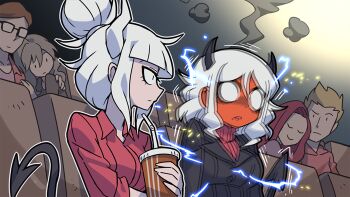 2boys 4girls black_horns black_tail blonde_hair blush brown_hair colored_skin cup demon_girl demon_horns demon_tail disposable_cup drinking_straw electricity glasses helltaker holding horns kyo-hei_(kyouhei) looking_at_another lucifer_(helltaker) modeus_(helltaker) movie_theater multiple_boys multiple_girls red_skin shaking tail white_eyes