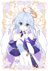 Rule 34 | 1girl, absurdres, angel wings, aqua eyes, asymmetrical gloves, bare shoulders, blue hair, breasts, cleavage, closed mouth, detached sleeves, dress, earrings, facial mark, feathered wings, ff2074, gloves, hair between eyes, halo, hand up, head wings, highres, honkai: star rail, honkai (series), jewelry, long hair, looking at viewer, purple dress, robin (honkai: star rail), short sleeves, single earring, smile, solo, two-tone dress, uneven gloves, upper body, white dress, white gloves, white wings, wings