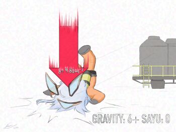 1girl adversarial_noise arrow_(symbol) blue_hair chibi english_text faceplant full_body headgear indie_virtual_youtuber jumpsuit ladder lazy_revenant lethal_company light_blue_hair medium_hair orange_jumpsuit oxygen_tank sayu_sincronisity simple_background solo spacecraft virtual_youtuber white_background