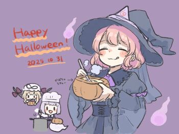 3girls :d alternate_costume black_dress blonde_hair blush chef_hat closed_eyes commentary_request dated dress eating frills gap_(touhou) halloween_costume happy_halloween hat highres hitodama konpaku_youmu konpaku_youmu_(ghost) licking_lips long_sleeves medium_hair mob_cap multiple_girls open_mouth pink_hair pumpkin purple_background rinui saigyouji_yuyuko smile tongue tongue_out touhou white_hair witch_hat yakumo_yukari