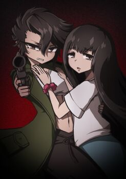 2girls ahoge aiming aiming_at_viewer android angry arm_around_waist baggy_pants breasts brown_eyes brown_hair clenched_teeth coat collarbone crop_top determined eiko_(terminator_zero) eyelashes female_focus finger_on_trigger fingernails gradient_background gun hair_between_eyes handgun hands_on_another's_chest hands_up highres holding holding_gun holding_weapon large_breasts leaning_on_person long_coat long_hair long_skirt looking_at_viewer looking_to_the_side matching_hair/eyes medium_breasts midriff misaki_(terminator_zero) multiple_girls navel neck open_clothes open_coat open_mouth outstretched_arm pants pistol protecting red_background sad scrunchie shirt short_hair short_sleeves sidelocks skirt sleeveless sleeveless_coat standing straight_hair teeth terminator_(series) terminator_zero tkcarbohydrate tomboy toned toned_female v-shaped_eyebrows wavy_hair weapon white_shirt wrist_scrunchie