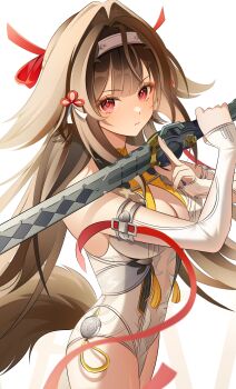 1girl absurdres bare_shoulders black_hair breasts brown_hair chijiandeyusang china_dress chinese_clothes closed_mouth commentary_request detached_sleeves dress hair_ornament hairband highres holding holding_sword holding_weapon long_hair looking_at_viewer multicolored_hair red_eyes simple_background sleeveless sleeveless_dress solo streaked_hair sword tail thighs upper_body very_long_hair weapon white_background white_dress white_hairband ye_shunguang zenless_zone_zero