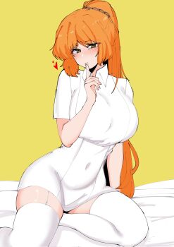 1girl :o bakwanjagung04 blush bottomless breasts collared_shirt commentary covered_navel dress finger_to_mouth freckles garter_straps heart highres ishmael_(project_moon) large_breasts limbus_company long_hair looking_at_viewer nurse on_bed orange_hair project_moon shirt simple_background solo symbol-only_commentary thick_thighs thighhighs thighs upper_body white_thighhighs yellow_background