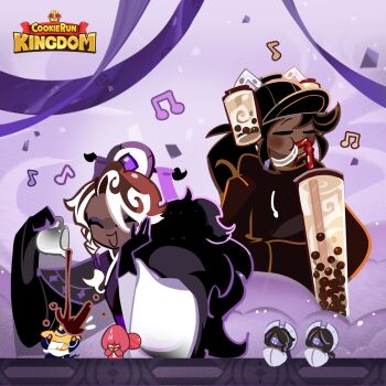 2boys 2girls 2others affogato_cookie artist_request baseball_cap black_gloves black_hair black_headwear brown_hair bubble_tea caramel_arrow_cookie closed_eyes clothing_request cookie_run cookie_run:_kingdom covering_face drinking drinking_straw gloves hand_on_own_face hands_in_pocket hands_up hat holding hood hoodie liquid logo multicolored_hair multiple_boys multiple_girls multiple_others musical_note object_request official_art open_mouth pink_hoodie ponytail pouring smile strawberry_cookie swirl white_hair witch_hat wizard_cookie