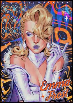 1girl blonde_hair breasts cape character_name cleavage commentary curly_hair detached_collar earrings emma_frost eyeshadow fur_cape gloves hair_over_one_eye highres jewelry long_hair looking_to_the_side makeup marvel marvel_rivals off-shoulder_shirt off_shoulder parted_lips purple_eyes purple_eyeshadow purple_lips redgreengoblin shirt solo superhero_costume symbol-only_commentary upper_body white_cape white_gloves white_shirt x-men