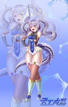 1girl blue_leotard boots covered_navel detached_sleeves duel_masters fang fishnet_thighhighs fishnets grey_hair hair_between_eyes hand_on_own_cheek hand_on_own_face highleg highleg_leotard highres horns kouchi_no_chouten_radio_roses leotard long_hair multicolored_boots multicolored_hair open_mouth pink_hair shiny_clothes solo sweat sweatdrop tail taimanin_(series) taimanin_suit thighhighs twintails wato_(watto1005) white_horns