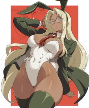 1girl absurdres animal_ear_hairband animal_ears artist_name black_coat black_hairband black_thighhighs blonde_hair blue_eyes blush border breasts coat commentary cowboy_shot dark-skinned_female dark_skin fake_animal_ears fake_tail film_grain glasses groin hairband hellsing highres integra_hellsing large_breasts leotard lips long_hair long_sleeves looking_at_viewer mole mole_under_mouth necktie open_clothes open_coat outside_border parted_lips playboy_bunny rabbit_ear_hairband rabbit_ears rabbit_tail red_background red_necktie ring_light_reflection solo strapless strapless_leotard tail thick_thighs thighhighs thighs very_long_hair vizaz white_border white_leotard