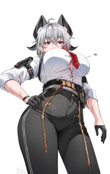 1girl ahoge black_gloves black_horns black_pants breasts button_gap chest_harness commentary cowboy_shot curled_horns derivative_work earrings flying_button foxyreine from_below gloves grey_hair hair_between_eyes half_gloves hand_on_own_hip harness high-waist_pants highres horns jewelry large_breasts looking_at_viewer looking_down mole mole_under_eye multicolored_hair necktie pants popped_button red_eyes red_necktie scar scar_on_arm shirt signature simple_background solo standing streaked_hair tight_clothes tight_pants underboob wardrobe_malfunction watermark web_address white_background white_shirt wuthering_waves zani_(wuthering_waves)