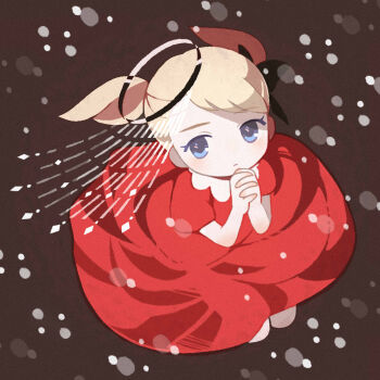 1girl ana_(mother) blonde_hair blue_eyes brown_background closed_mouth commentary_request dress expressionless eyelashes full_body halo highres mother_(series) mother_1 nintendo own_hands_clasped own_hands_together praying red_dress snowing solo tanba_(tanba-art) twintails