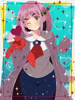 1girl arched_bangs blueberry_academy_(emblem) blueberry_academy_school_uniform blush cardigan collared_shirt eyelashes fujiwara_hiro_(kaede_ciao) gloves hair_ornament hairclip highres lacey_(pokemon) long_sleeves looking_at_viewer nintendo one_eye_closed open_cardigan open_clothes pants pink_hair pokemon pokemon_sv purple_cardigan red_gloves school_uniform shirt short_hair single_glove solo white_shirt yellow_eyes