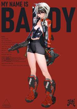 1girl absurdres anger_vein animal_ear_helmet animal_helmet artist_name assault_visor bike_shorts black_hair black_jacket black_shorts black_tube_top boots breasts character_age character_name closed_mouth commentary crazyred cropped_jacket cross_scar english_commentary english_text facial_scar full_body gloves grey_eyes grey_hair hair_between_eyes helmet highres holding holding_unworn_helmet jacket knee_boots laser_sight long_hair looking_at_viewer medium_breasts motorcycle_helmet multicolored_hair multicolored_jacket nike_(company) open_clothes open_jacket original red_background red_boots red_gloves red_jacket scar scar_on_cheek scar_on_face shiny_clothes shorts solo standing strapless text_background tube_top two-tone_hair unworn_headwear unworn_helmet v-shaped_eyebrows vertical_foregrip