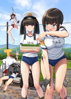 1boy 6+girls ahoge alternate_hairstyle angry arm_up armband attack barefoot bent_over black_hair blonde_hair blue_buruma blue_sky blue_trim blunt_bangs blush breasts brown_eyes brown_hair buruma character_name closed_eyes cloud cloudy_sky collarbone commentary day dirty dirty_feet dirty_hands double_vertical_stripe farming foliage fubuki_(kancolle) green_eyes gym_uniform hair_over_shoulder hair_ribbon hand_on_own_leg hands_on_another's_shoulders hat hatsuyuki_(kancolle) hetero highres hoe holding holding_plant holding_tool holding_tray ichikawa_feesu isonami_(kancolle) jacket jumping kantai_collection large_breasts looking_at_another looking_at_viewer looking_back low_ponytail lying midriff_peek military_uniform missionary mountainous_horizon mud multiple_girls name_tag naval_uniform navel on_back outdoors partially_submerged peaked_cap plant planting ponytail power_lines raised_eyebrows red_buruma red_ribbon red_trim repairing ribbon rice_(plant) rice_paddy rice_planting rice_transplanter sex shigure_(kancolle) shirayuki_(kancolle) shirt short_sleeves sidelocks sitting sky small_breasts soles spread_legs standing sweat t-head_admiral t-shirt thigh_gap toes train translated tray twintails utility_pole wading waving white_hat white_jacket wiping_sweat yellow_armband yuudachi_(kancolle)