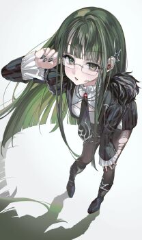 1girl above-cleavage_cutout adjusting_eyewear ankle_boots anklet bags_under_eyes black_boots black_fur black_jacket black_nails black_necktie black_pantyhose blunt_bangs boots breasts chain chain_earrings clothing_cutout collared_dress cyber_sigilism dress ear_cuffs earpiece epaulettes expressionless frilled_shirt_collar frilled_sleeves frills from_above full_body fur_(clothing) gem green_eyes green_hair hand_on_own_knee highres jacket jewelry lapel_pin lapels leaning_forward long_sidelocks long_sleeves looking_at_viewer microdress necktie open_clothes open_jacket open_mouth original pale_skin pantyhose rainbow red_gemstone rimless_eyewear shadow short_dress sidelocks small_breasts solo straight_hair striped_clothes striped_jacket suimin_(sui_0y0) thighlet torn_clothes torn_pantyhose vertical-striped_clothes vertical-striped_jacket white_background white_dress