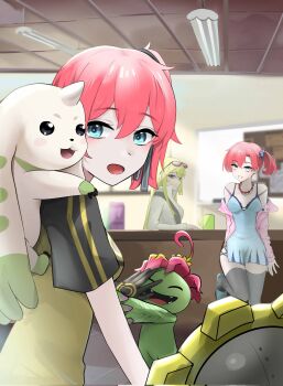 Rule 34 | 3girls, aiba ami, bare shoulders, black shirt, blonde hair, blue camisole, blue eyes, breasts, camisole, digimon, digimon story: cyber sleuth, hagurumon, highres, indoors, jacket, kuremi kyouko, long hair, medium breasts, mianbaoren, multiple girls, palmon, purple jacket, red hair, shiramine nokia, shirt, side ponytail, spaghetti strap, terriermon, twintails, two-tone shirt, white shirt, yellow shirt