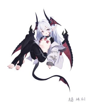 1girl absurdres black_hiphighs blush closed_mouth covered_erect_nipples dated demon_girl demon_horns demon_tail eyebrows_hidden_by_hair flat_chest full_body hair_between_eyes hair_intakes heart_maebari heart_pasties highres hiphighs horns huge_filesize jacket kyuuhyaku licking_lips loli long_hair looking_at_viewer maebari nail_polish original pasties pointy_ears purple_eyes reverse_bunnysuit reverse_outfit simple_background smile solo stirrup_legwear tail toeless_legwear toenail_polish toenails toes tongue tongue_out transparent_background white_hair white_jacket