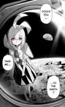 Rule 34 | 1girl, absurdres, bow, closed mouth, clover dot (clov erd), collared shirt, commentary, dot mouth, earth (planet), empty eyes, english commentary, english text, full body, greyscale, hair bow, highres, long hair, looking at viewer, monochrome, on moon, original, own hands together, planet, pov, red eyes, ringed eyes, shirt, short sleeves, skirt, solo, space, speech bubble, spot color, standing, stuffed animal, stuffed rabbit, stuffed toy, tareme