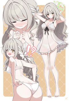 1girl ass babydoll barefoot blue_archive blush bow bra breasts cleavage closed_mouth crying green_halo grey_hair hair_bow hair_tie hair_tie_in_mouth halo highres long_hair medium_breasts miyo_(blue_archive) mouth_hold multiple_views open_mouth panties tears underwear white_babydoll white_bow white_bra white_panties xuga yellow_eyes