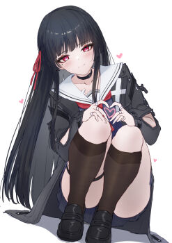 1girl arm_cutout black_choker black_hair black_jacket black_serafuku black_shirt black_shoes black_skirt black_socks blush chisa_(wuthering_waves) choker closed_mouth clothing_cutout collarbone commentary four-finger_heart_hands full_body hair_ribbon heart heart_hands highres jacket long_hair long_sleeves looking_at_viewer mole mole_under_eye neckerchief red_eyes red_neckerchief red_ribbon ribbon sailor_collar school_uniform serafuku shirt shoes simple_background skirt smile socks solo squatting thigh_strap very_long_hair white_background white_sailor_collar wuthering_waves xfate