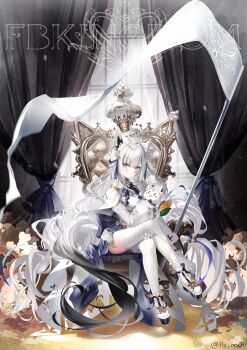 1girl ahoge animal_ear_fluff animal_ear_piercing animal_ears aqua_eyes blue_ribbon blue_skirt braid cape closed_mouth commentary crossed_legs crown curtains flag floating_crown fox_ears fox_girl fox_tail full_body gold_crown hair_ribbon half_up_braid halo highres hololive indoors long_hair long_sleeves looking_at_viewer makigaihe neck_ribbon official_alternate_costume official_alternate_hairstyle pentagram platform_shoes puffy_long_sleeves puffy_sleeves ribbon shirakami_fubuki shirakami_fubuki_(saint) shirt shoes sitting sitting_on_throne skirt solo sukonbu_(shirakami_fubuki) tail thighhighs throne very_long_hair virtual_youtuber white_cape white_hair white_shirt white_shoes white_thighhighs