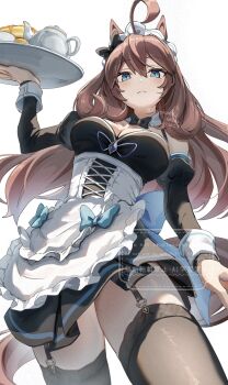 1girl ahoge alternate_costume animal_ears apron black_bow black_bowtie black_dress black_sleeves black_thighhighs blue_bow blue_eyes blush bow bowtie breasts brown_hair closed_mouth corset cup detached_collar detached_sleeves dress ear_bow food garter_straps hair_between_eyes hairband highres holding holding_tray horse_ears horse_girl horse_tail korokoro_nekoz large_breasts long_hair looking_at_viewer maid maid_apron maid_headdress mihono_bourbon_(umamusume) pancake pancake_stack simple_background sleeveless sleeveless_dress solo syrup tail teacup teapot thighhighs tray umamusume waist_apron white_apron white_background white_corset white_headdress