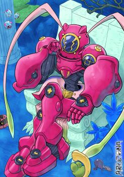 Rule 34 | 1girl, absurdres, amphimon, armor, artcetona, commentary, digimon, digimon (creature), english commentary, full body, gekomon, helmet, highres, otamamon, pink armor, pink helmet, puyomon, shakomon, sitting, solo focus, underwater