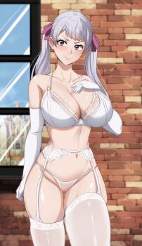 1girl black_clover blush bra breasts highres noelle_silva panties purple_eyes smile solo the_amazing_gambit thighhighs underwear white_thighhighs