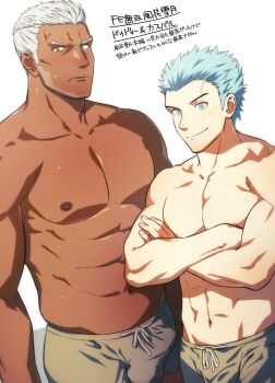 2boys abs bara beard beard_stubble blue_eyes blue_hair boxer_briefs braid bulge caspar_von_bergliez chinstrap_beard closed_mouth commentary_request crossed_arms dark-skinned_male dark_skin dedue_molinaro facial_hair fire_emblem fire_emblem:_three_houses fire_emblem_warriors:_three_hopes grey_male_underwear half_up_braid highres kemukemuke large_pectorals male_focus male_underwear multiple_boys muscular muscular_male nintendo nipples pectorals scar scar_on_face scar_on_forehead short_hair simple_background smile stubble sweatdrop topless_male translation_request underwear upper_body white_background white_hair