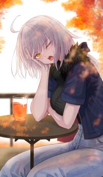 1girl absurdres ahoge arm_rest autumn backlighting black_shirt blue_jacket blush breasts commentary_request cup day drink fate/grand_order fate_(series) from_side fur_collar grey_hair highres jacket jeanne_d&#039;arc_alter_(fate) large_breasts long_hair looking_at_viewer looking_to_the_side one_eye_closed open_clothes open_jacket outdoors pants penguintake shirt short_sleeves sitting solo table white_pants yellow_eyes