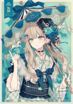 1girl akakura aqua_eyes aqua_kimono aqua_nails brown_hair commentary_request emma_(akakura) flower hat hat_flower highres holding holding_umbrella index_finger_raised japanese_clothes jewelry kimono long_hair long_sleeves looking_to_the_side obi original parted_lips ring sash solo umbrella upper_body wide_sleeves