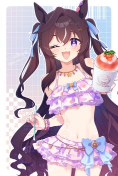 Rule 34 | 1girl, animal ears, bare shoulders, bikini, bikini skirt, blush, breasts, brown hair, commentary request, cup, floral print, floral print bikini, food, frilled bikini, frills, hair between eyes, hair ornament, heart, heart hair ornament, holding, holding cup, holding spoon, horse ears, horse girl, horse tail, koruri, long hair, looking at viewer, mole, mole under eye, multicolored hair, navel, official alternate costume, official alternate hairstyle, one eye closed, open mouth, pink bikini, pink swim trunks, print bikini, purple eyes, ruffle bikini, shaved ice, smile, solo, spoon, stomach, streaked hair, swimsuit, tail, umamusume, vivlos (eclat d'ete) (umamusume), vivlos (umamusume), white streaks