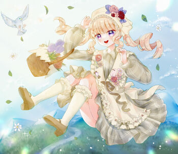 1girl animal apron back_bow beads bird blonde_hair blue_bird blue_sky blunt_bangs bow brooch brown_shoes cloud collared_dress country_lolita daisy_(flower) dot_nose dress drill_hair floating flower flower_brooch frilled_apron frilled_socks frills full_body grass green_dress green_pastoral_(shining_nikki) happy hat hat_flower headscarf high_heels highres jewelry kneehighs lace-trimmed_headwear lace_trim leaf lens_flare light_blush light_particles lolita_fashion long_hair long_sleeves looking_ahead medium_dress mountainous_horizon nikki_(series) open_mouth path pink15x pink_flower pink_rose plaid_clothes plaid_dress puffy_long_sleeves puffy_sleeves pumps red_flower red_rose road rose shining_nikki shoes sidelocks sky smile socks solo sparkle sunlight teeth twin_drills twintails upper_teeth_only wavy_hair white_apron white_bow white_flower white_headscarf white_socks